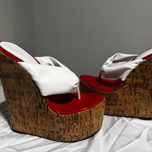 White Satin and Red Cork Platform Wedge Sandals
